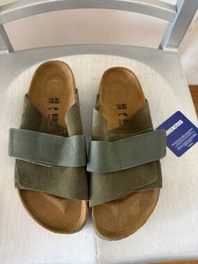 Birkenstock Kyoto Olive Green Nubuk Suede Strap Slide Sandals